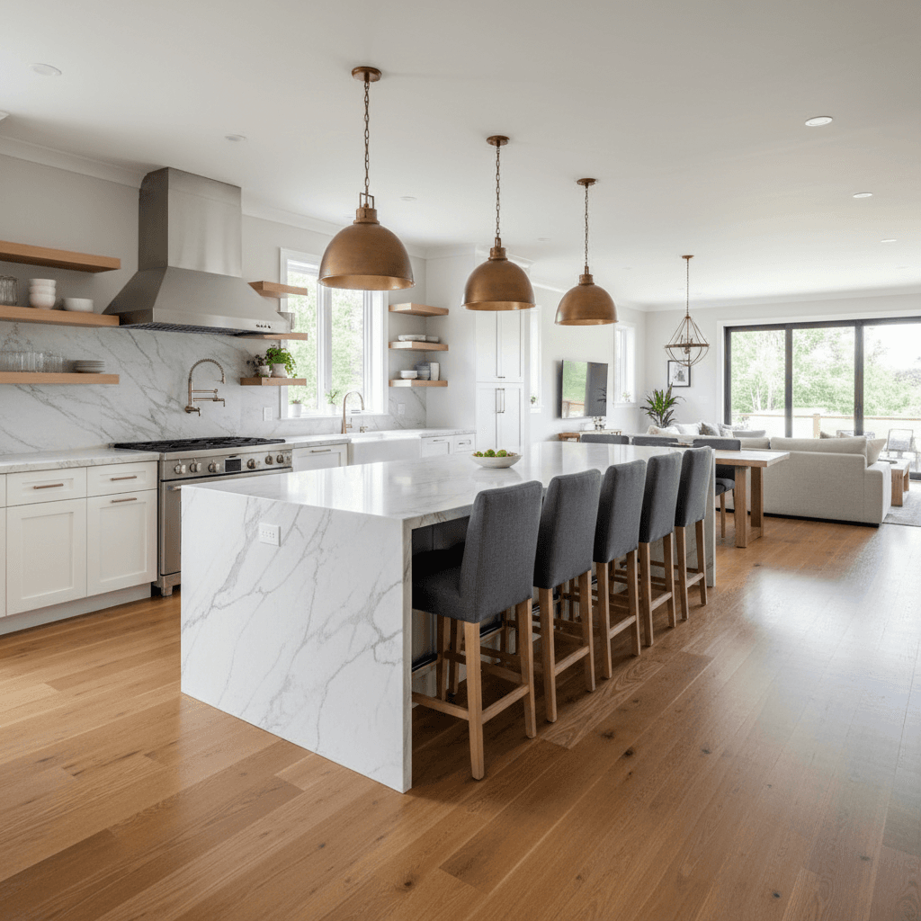 Open concept kitchen with hardwood floors and island seating